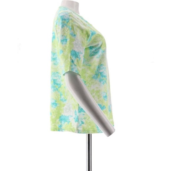 NWT DENIM & CO. PERFECT JERSEY ELBOW SLEEVE WATERCOLOR TOP LIGHT TURQUOISE XXS - Picture 4 of 8